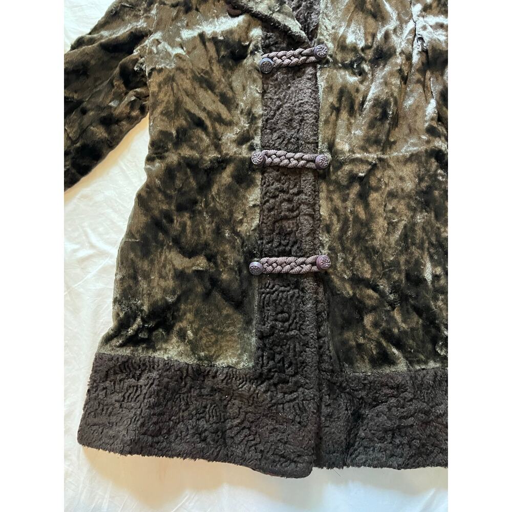 Vtg 60s Mod Penny Lane Faux Fur Coat Olive Green Persian Lamb Trim ILGWU Medium - Picture 2 of 11